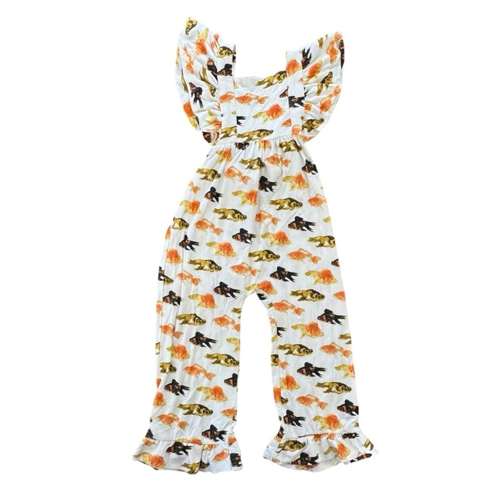 The Woods By Kate Quinn Girls’ Fish Print Jumpsuit Modal White Orange Size 3T